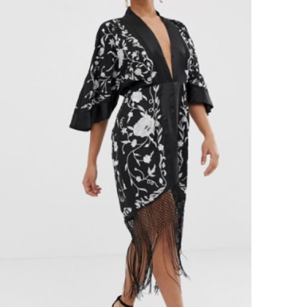 ASOS petite silk embroidered kimono tassel dress